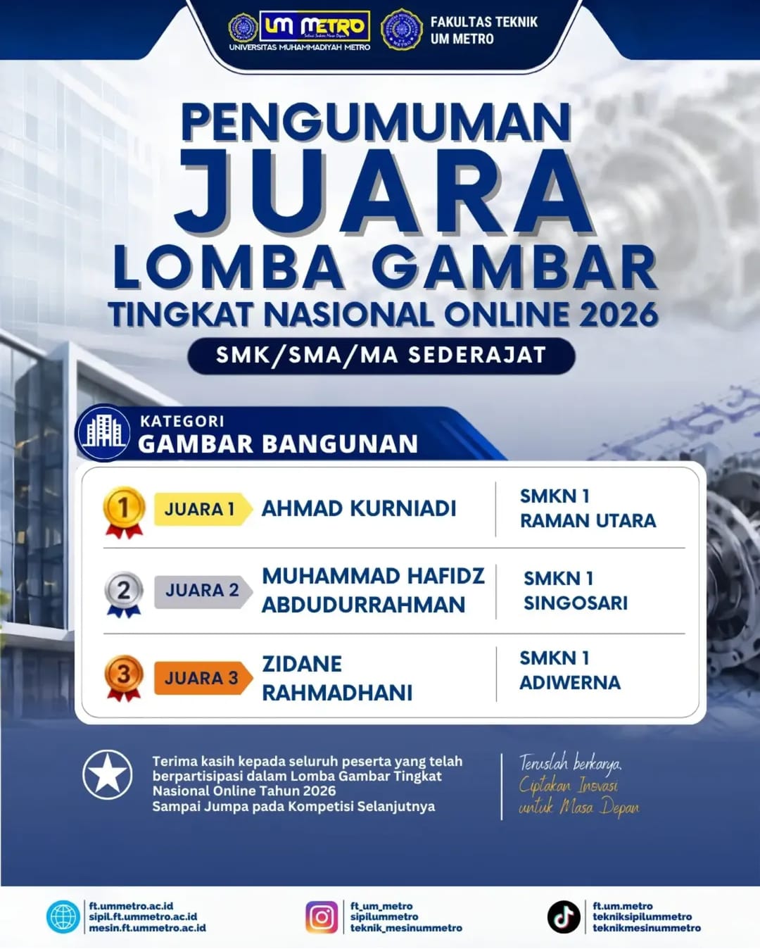 Taklukkan Peserta se-Indonesia! Siswa SMKN 1 Raman Utara Rajai Lomba Gambar Bangunan Nasional 2026 dengan Meraih JUARA 1